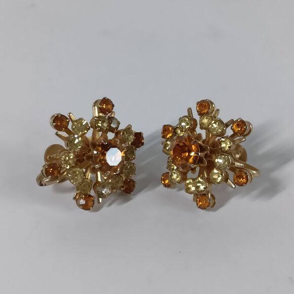 Coro Vtg Screwback Earrings Rhinestone Snowflake Cluster Gold Amber Tone Sparkle - Picture 1 of 8